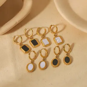 18K Goud Roestvrij Staal Mannen Sieraden Vierkant Zwart Onyx Bengelen Oorbel Huggie Hoepel Oorbellen