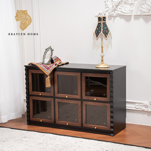 Mobiletto Modulare <span class=keywords><strong>Vintage</strong></span> in Legno con Ante in Vetro e Tessuto, Credenza Bicolore Estensibile, Porta TV per Soggiorno - Product Image 4