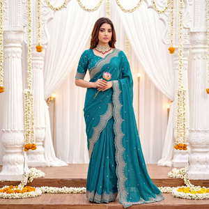 AARA Fashion Sari de Seda Azul Verdoso con Borde Bordado y Blusa para Boda, Elegante, Largo hasta el Suelo, Ropa India y Pakistaní para Mujer - Product Image 1