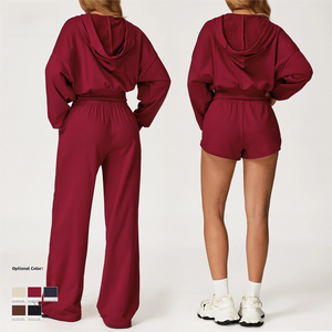 Set abbigliamento sportivo Casual da donna pantaloni larghi <span class=keywords><strong>con</strong></span> cerniera in cotone <span class=keywords><strong>con</strong></span> cappuccio a vita alta fascia elastica a maniche lunghe ampia ampia - Product Image 2