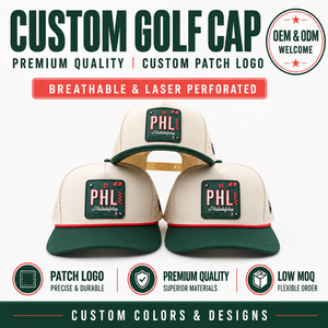 Casquette de golf imperméable 5 panneaux haut de gamme avec logo en silicone personnalisé, faible MOQ, OEM, perforations laser, coloris uniformes, vêtements de sport actifs - Product Image 1