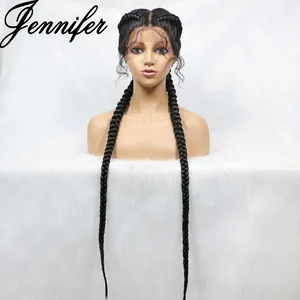 Jennifer 36 Inches Long Lace Front Synthetic Braided Wigs Lace Front Dutch Twins Braids Wig With Baby Hair for Black Women