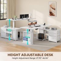 Bureau en bois durable en forme de L de 63 pouces avec 3 tiroirs, bureau électrique réglable en hauteur, blanc