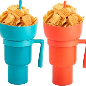 Gobelet 2-en-1 personnalisé en plastique minimaliste pour collations et boissons avec support de bol et pailles, capacité 32oz, isolation thermique pour festivals - Product Image 1