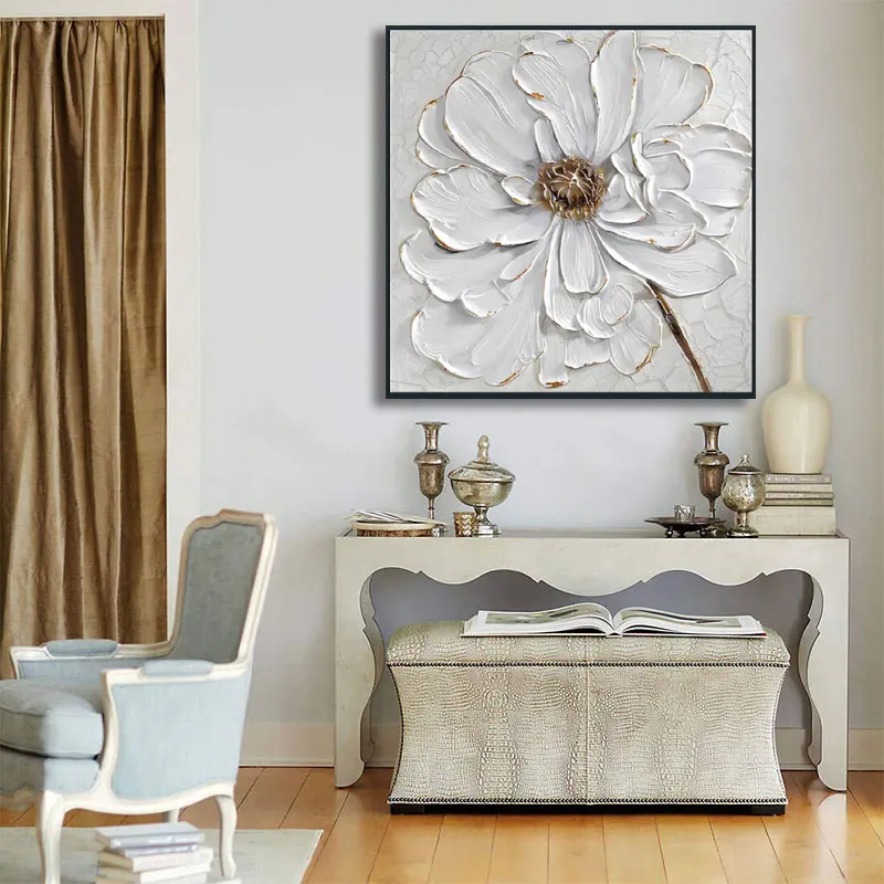 Arte original 100% artesanal moderna textura dourada arte abstrata em tela pinturas florais brancas com moldura de madeira para arte de parede
