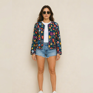 Veste en coton brodée à la main pour femmes |   Veste courte ethnique bohème florale |   Manteau décontracté matelassé artisanal tendance - Product Image 1