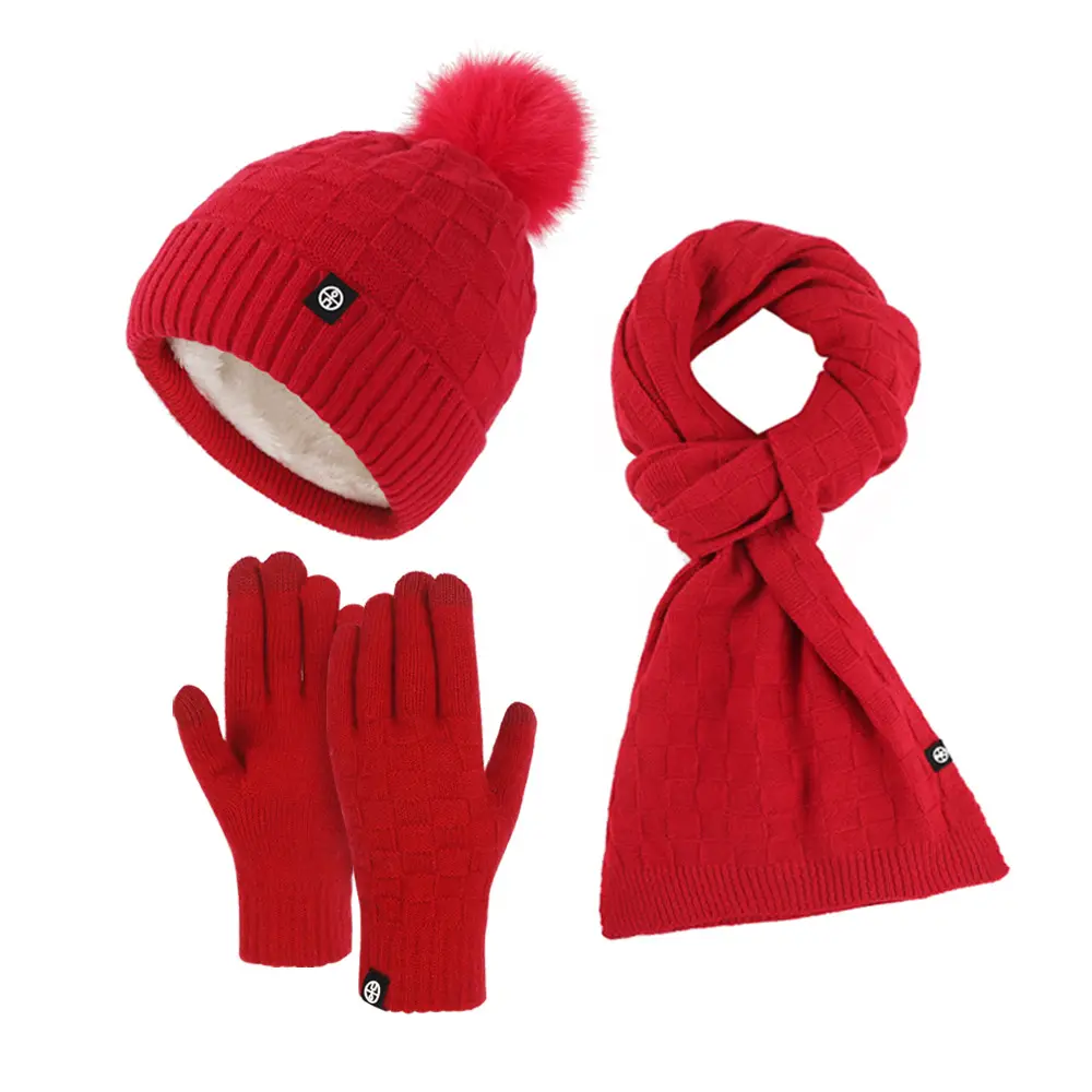 MIO moda all'aperto inverno calda maglia sciarpa Touch Screen guanti a scacchi spesso maglia Pom Pom Beanie set di cappello per donna uomo