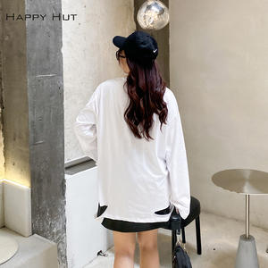 Camiseta de talla grande estilo coreano para mujer, camiseta de otoño con rasgaduras irregulares, de manga larga, color sólido, blanca, negra, gris, N7810 - Product Image 2