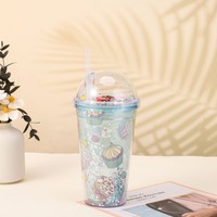 Vaso de Plástico Ecológico de 450 ml, Libre de BPA, con Pajita, Tapa de Doble Pared a Prueba de Fugas, Diseño Reutilizable, Color Confeti Kawaii para Niños