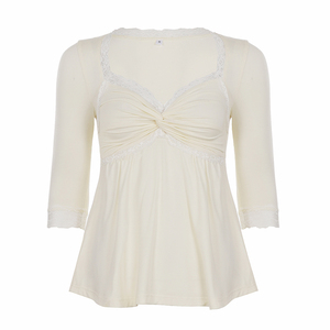Blusa de punto con cuello en V y lazo frontal para mujer, manga tres cuartos, estilo babydoll, línea A, informal y a la moda - Product Image 6