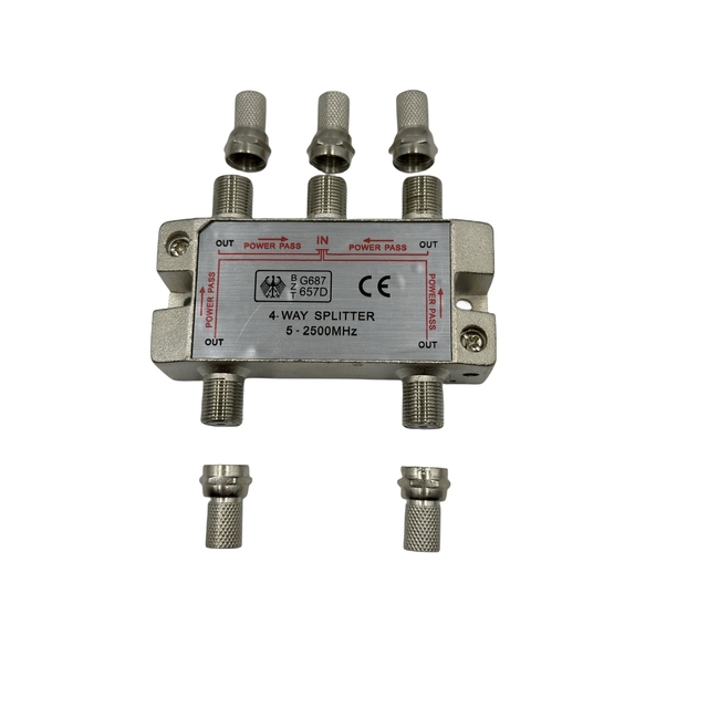 Brand New TV Splitter 4 Way F Splitter 1 in 4 Out 5-2500MHz German Style Audio Video Transmission Short Circuit Protection