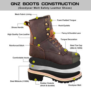 Sepatu Bot Kerja Kulit Crazy Horse Berkualitas Tinggi dengan Ujung Baja untuk Hiking di Alam Terbuka, Sol Karet, Jahitan Goodyear, Sepatu Keselamatan Kerja - Product Image 2