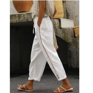 Vendita calda in pizzo ricamato pantaloni <span class=keywords><strong>donna</strong></span> <span class=keywords><strong>lino</strong></span> cotone misto traspirante comodi pantaloni larghi Casual alla caviglia - Product Image 5