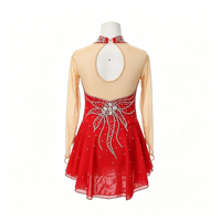 Robe de danse patinage rouge à col montant, manches longues en maille nude, dos découpé orné de strass, pour enfants et adultes, compétition et performance