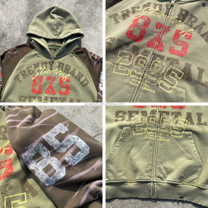 High Quality Heavyweigh Hoodie Cotton Raglan Sleeve French Terry Graphic Zip Hoodie Distressed Acid Wash Zip up Hoodie Men - Product Image 3