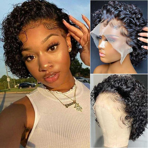 Peluca Corta Rizada con Encaje Frontal Transparente, Cabello Indio, Línea de Cabello Invisible, Negra, Peluca de Encaje 13x4 para Mujer, Venta al por Mayor de Fábrica - Product Image 6