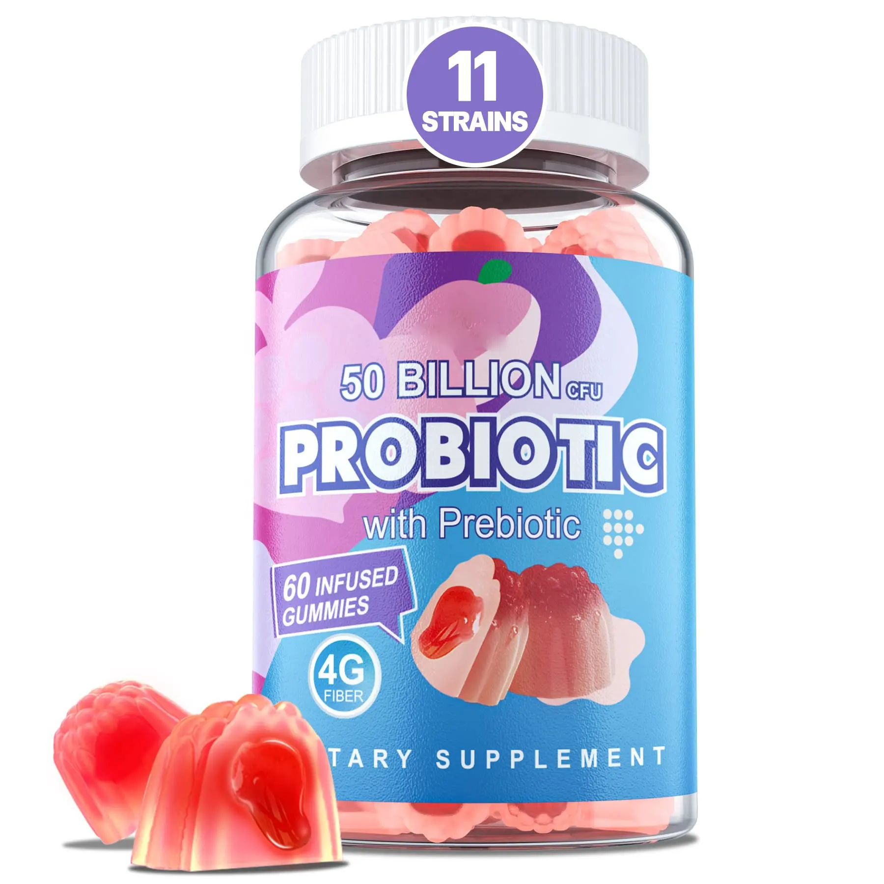 Strains Sugar Free Probiotic Gummies 50 Billion CFU 11 Strains With Prebiotics Fiber For Women Men Digestive Health