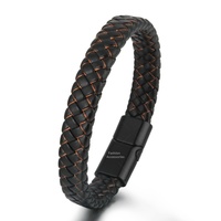 Bracelet en cuir véritable noir fait main pour homme avec fermoir magnétique