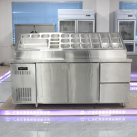 Plan de travail industriel en acier inoxydable à double porte, certifié CE, haute efficacité, sans givre, pour préparation de salades et pizzas, avec cloison en verre et refroidissement par air