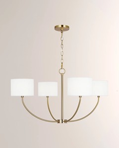 Brass Chandelier with White Fabric <b>Shades</b>, Vintage Modern <b>Lighting</b> <b>for</b> Living Rooms - Product Image 1
