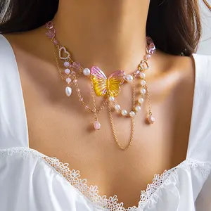 Mode fraise rose jaune papillon pendentif collier pour femmes créatif multicouche glands colliers bijoux