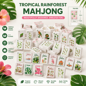 Jeu de Mahjong Esthétique Forêt Tropicale avec des motifs de perroquet, chaise de plage, cabane tropicale et motifs floraux botaniques, pour les fêtes - Product Image 1