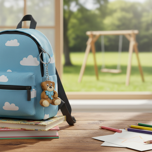 Portachiavi in legno a forma di orsetto mini con fiocco blu, design carino da orsetto per bambini e adulti - Product Image 3