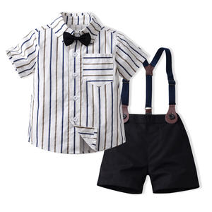 Rayas Primavera Nueva Ropa para niños Verano Guapo Niños Ropa de bebé Corbata Camisa Correa Pantalones Conjunto de cumpleaños - Product Image 1