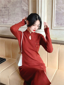 Guangzhou Auyan nuevo estilo chino Retro hueco curvo Cheongsam hebilla hendidura sobre <span class=keywords><strong>la</strong></span> rodilla vestido - Product Image 3