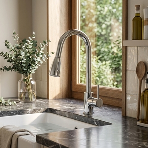 Grifo Mezclador de Cocina Extraíble, Cromado Pulido, Cuello de Cisne, Moderno, con Certificación WaterMark - Product Image 1