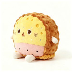 Peluche personnalisée en forme de couche de fromage jaune texturée, avec fond en jambon pastèque rose, et biscuit rond ondulé en forme de jambon et de fromage - Product Image 1