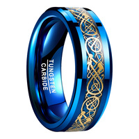 POYA Jewelry Bague en tungstène pour homme 8mm Bleu Plaqué Or Dragon Motif Incrustation Style tendance Bague de fiançailles Bague de mariage Cadeau pour homme