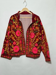 <b>Women</b>’s Red <b>Velvet</b> Embroidered Blazer Mandarin Collar Floral Hand Embroidery Full Sleeve Autumn Style <b>Jacket</b> - Product Image 3