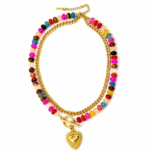Conjunto de Collar con Colgante de Corazón de Oro y Cuentas de Piedras Preciosas Coloridas, Cadena Cubana de <span class=keywords><strong>Acero</strong></span> <span class=keywords><strong>Inoxidable</strong></span>, Joyería de Playa Resistente al Agua - Product Image 5