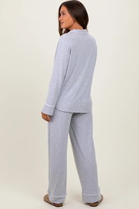 Ensemble pyjama de maternité 2 pièces, haut à col en V boutonné, pantalon large, pour femmes enceintes - Product Image 4
