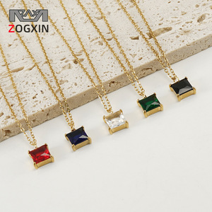 ZOGXIN Square Zircon Pendant Necklace 18K Gold Plated Stainless Steel Multi Color Geometric Chain For Women - Product Image 1