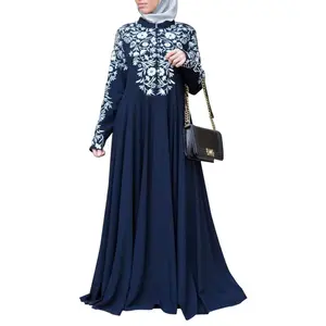 2023 Hot Sale Dubai Turkey Middle East Fashion Elegant Women's Muslim Arab Long Sleeve Stand Collar Flower Print Dress