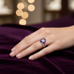 Romantic Heart-Shaped Purple Gemstone <b>Ring</b> For Women, <b>Stainless</b> <b>Steel</b> With Prong Setting, Ideal For Engagement, February Birthst - Product Image 2