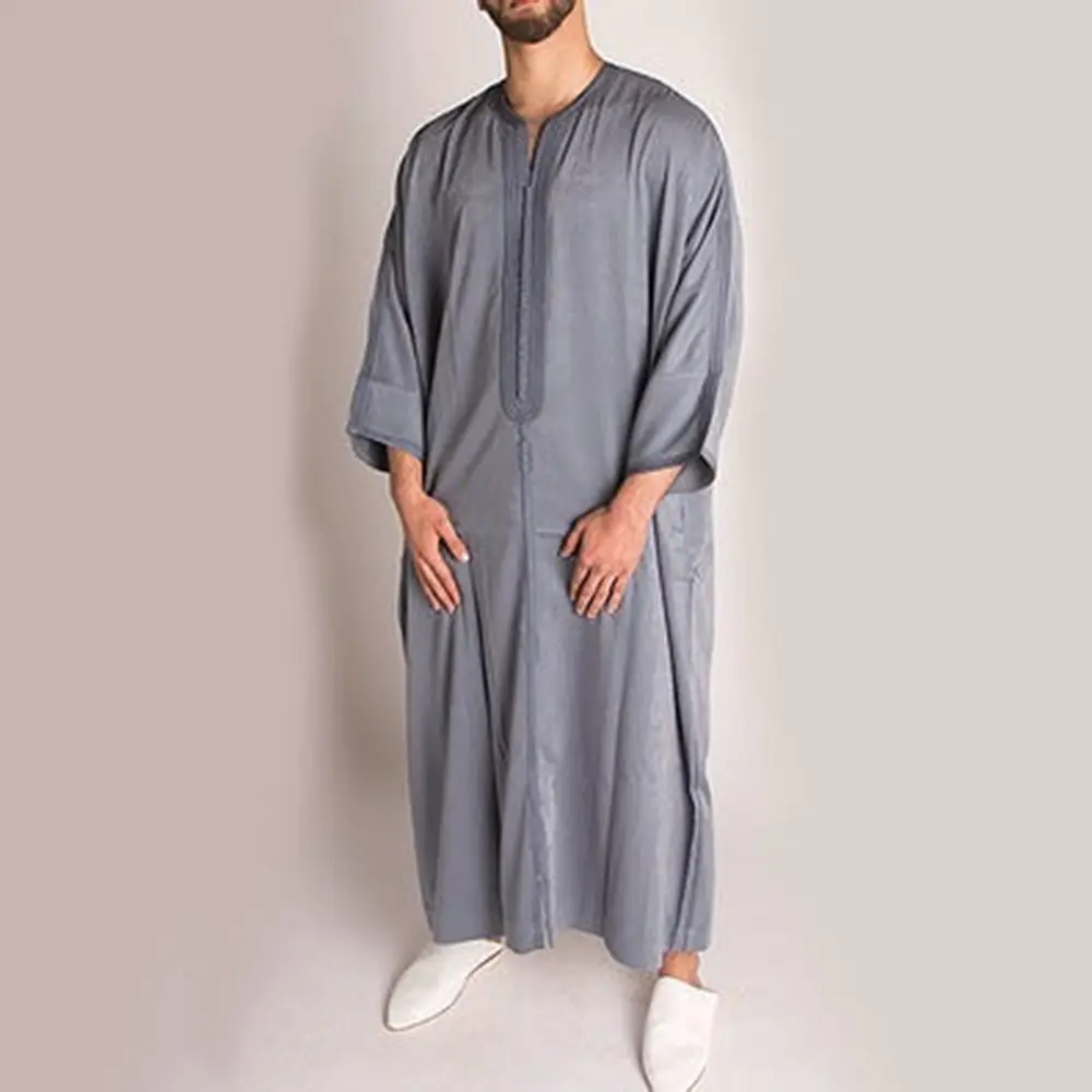 Männer Islamische Robe Muslim Kaftan Halbarm Einfarbig V-Ausschnitt Vintage Roben Lässig Dubai Saudi-Arabien Männer Jubba Thobe