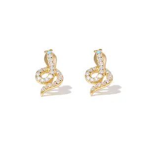 Simple 925 Sterling Silver Cute Pave CZ Turquoise Tiny Snake Animal Gold Vermeil Stud Earring