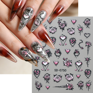 Autocollants 5D roses et noirs gothiques pour ongles, motifs cœur, rose, crâne, Y2K, adhésifs pour décoration d'ongles, manucure, sliders - Product Image 2