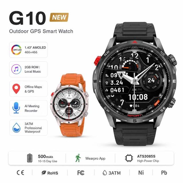 Custom Logo DT G10 GPS Smart Watch 1.43inch AMOLED Screen 5ATM Waterproof Offline Map Sport Wristwatch for Hiking