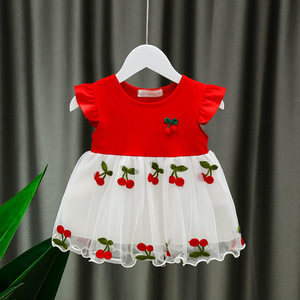 Vestito Estivo per Bambine con Maniche a Sbuffo, Abito Principessa in Tulle con Fiocco e Ricamo a Ciliegia - Product Image 3