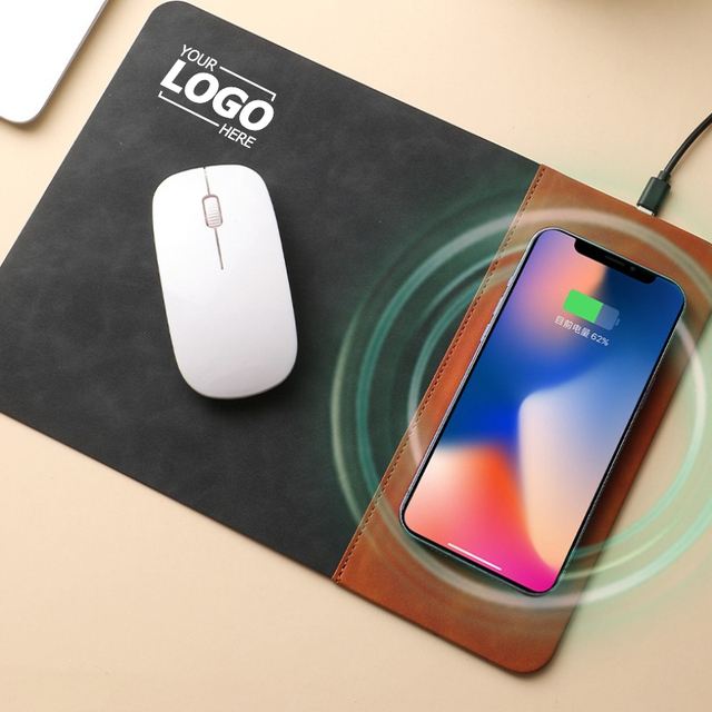 15W Fast Wireless Charging Mouse Pad, Small PU Leather Non-Slip Desk Mat with Custom Logo for Office and Promotional Gifts