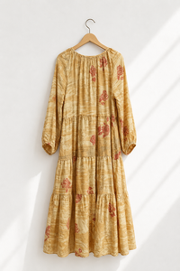 Vestido Maxi de Mujer Talla Única para Otoño/Verano, con Mangas Farol, Estampado Floral, Cuello en V, Corte Regular, Ecológico, de Crepé de Seda, Estilo Vintage - Product Image 3