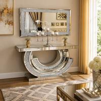 Console Moderne Miroir avec Piétement en Croissant, Panneau en MDF, Meuble d'Appoint Métallique pour Entrée, Couloir, Salon