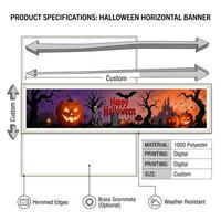 Bannières d'Halloween personnalisées en gros, portables, pliables, écologiques, en polyester 100D de qualité supérieure, impression numérique, drapeaux d'extérieur, directement de l'usine