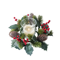 Rangkaian Bunga Natal Plastik JQ Modern Door Mount dengan Simulasi Jarum Pinus, Buah Pinus, Buah Merah, dan Tempat Lilin