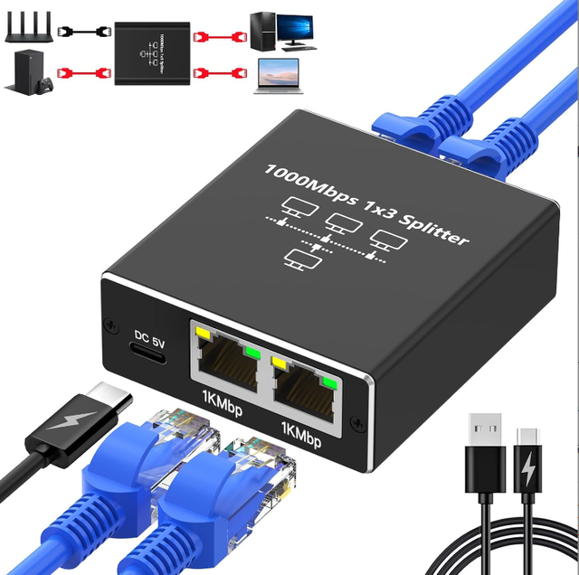 ABRIGHTURE 1000Mbps RJ45 Ethernet Splitter Adapter 1 to 3 Way LAN Network Port Extender Cable Connector