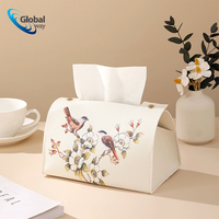 Boîte à mouchoirs de luxe - Porte-mouchoirs décoratif en cuir PU de style chinois avec imprimé oiseaux et fleurs, élégant organisateur de bureau pour la maison